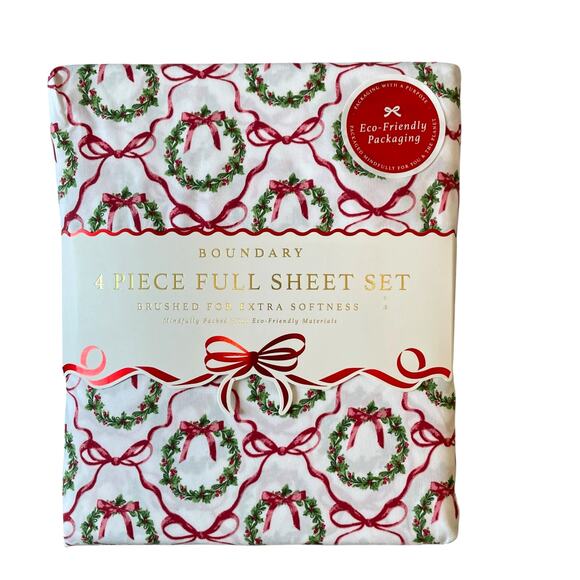 Envogue FULL 4pc Sheet Set Holiday Bows & Wreath Holiday Bedding Green Red NEW - Picture 1 of 10